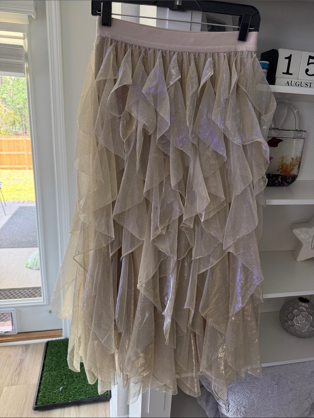 Chelsea & Violet Champagne Ruffled Tulle Midi Skirt